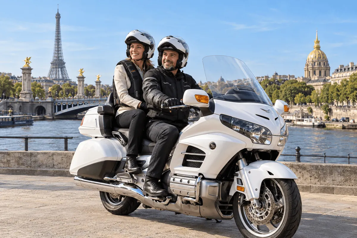 Taxi moto Honda Goldwing 1800 blanche avec chauffeur et passagère casqués près de la Seine à Paris